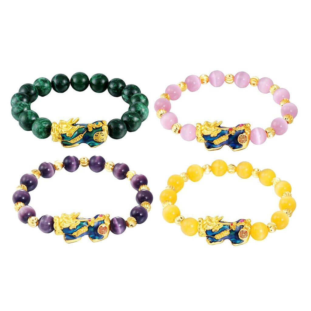 4pack Feng Shui Obsidian Bead Pixiu Pi Yao Charms Bracelet Good Luck Jewelry