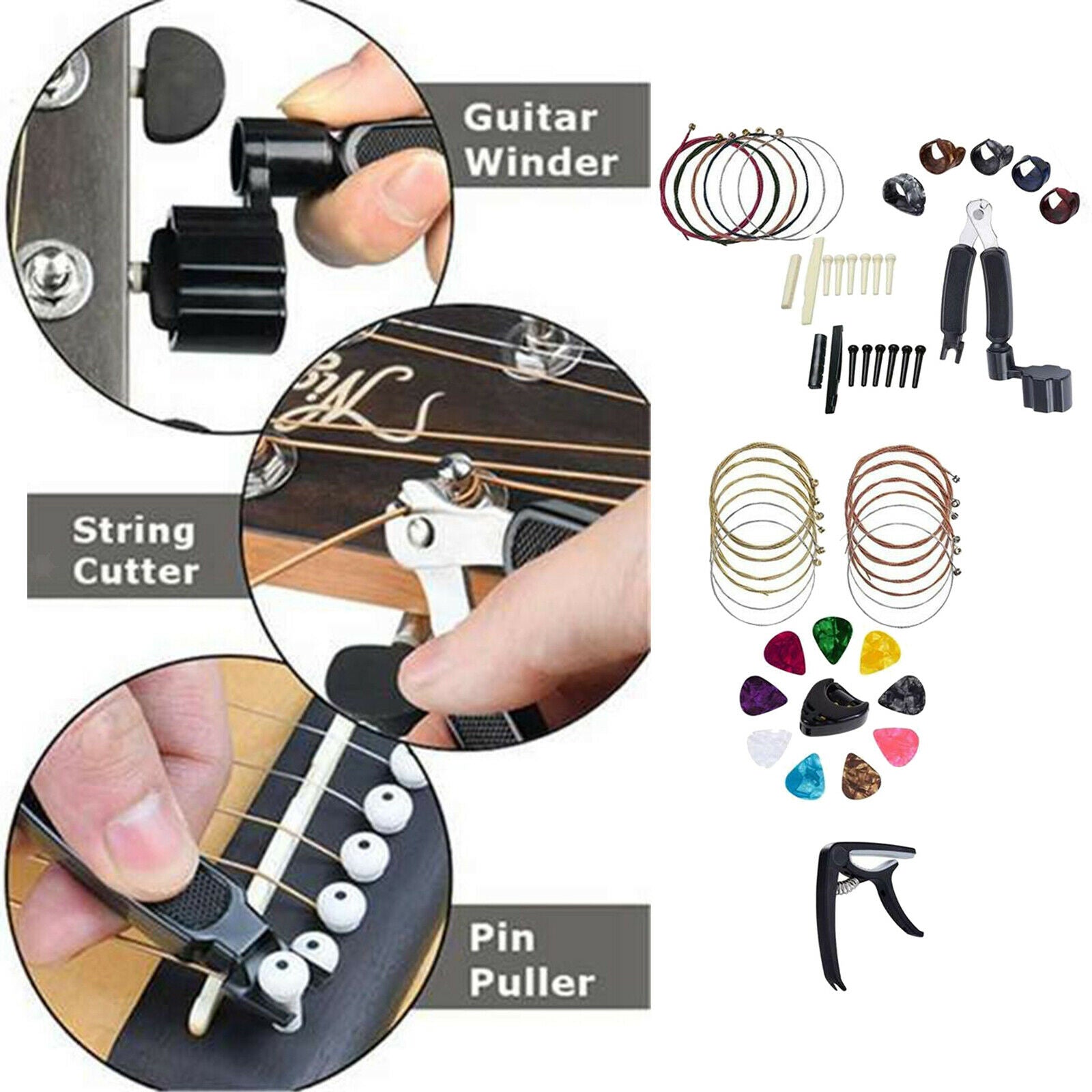 51Pcs Guitar Accessories Tuner, 3-in-1 Restring Tool Bridge Pins Maintenance Kit