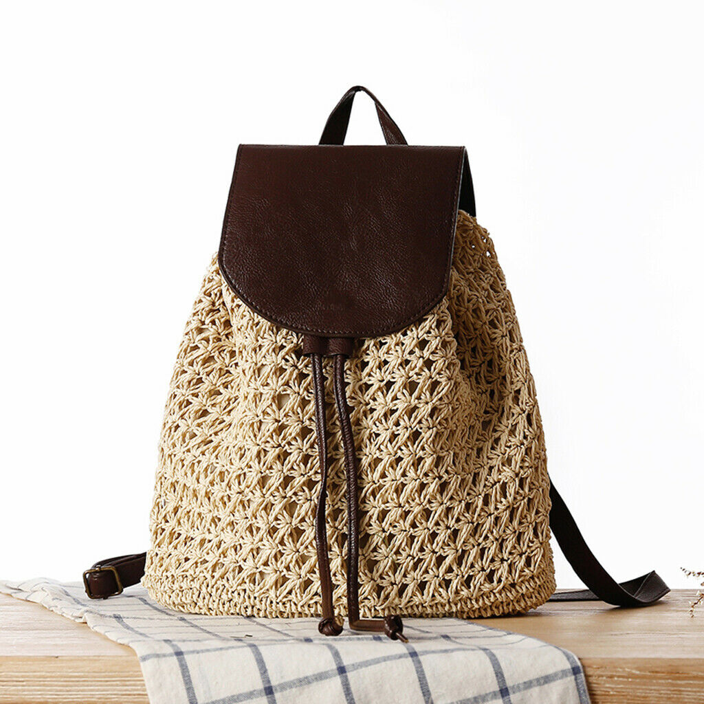 Women Fashion Sweet Straw Bag Beach Beige Shoulder Bag Backpack Beige