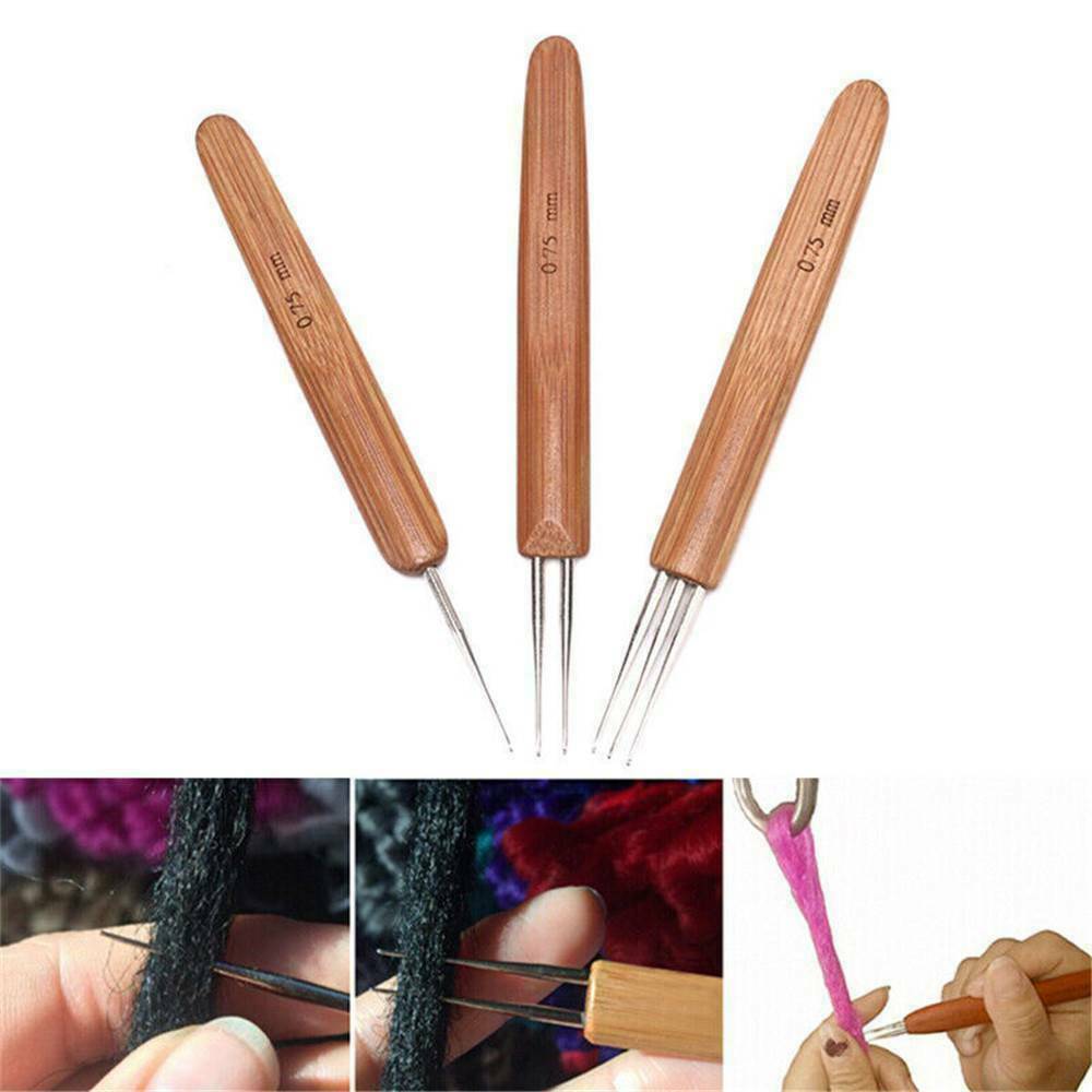 3*Crochet Needle Hook Bamboo Handle Dreadlock Knit Hair Making Braiding Tool Set