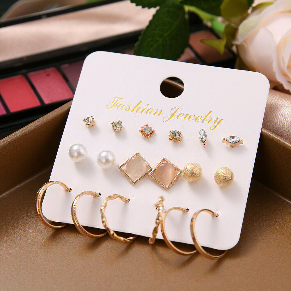 9 Pairs Elegant Women Rhinestone Crystal Zircon Earrings Set Jewelry Ear Stud