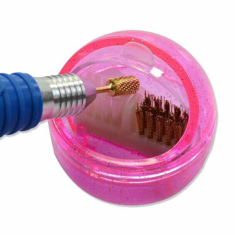 Nail Art Dual Clean Brush Head Drill Bit Cleanser Box Polishing Buffing ManiS FT