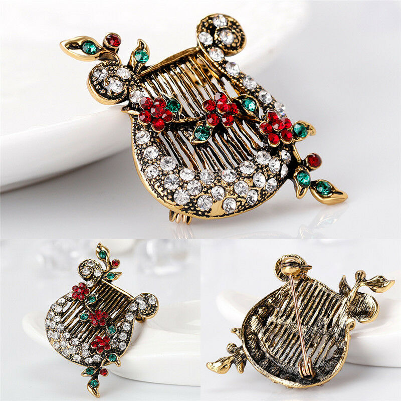 Christmas`Crystal Enamel Brooch Pin Harp Lute Collar Rhinestone Brooches`.l8