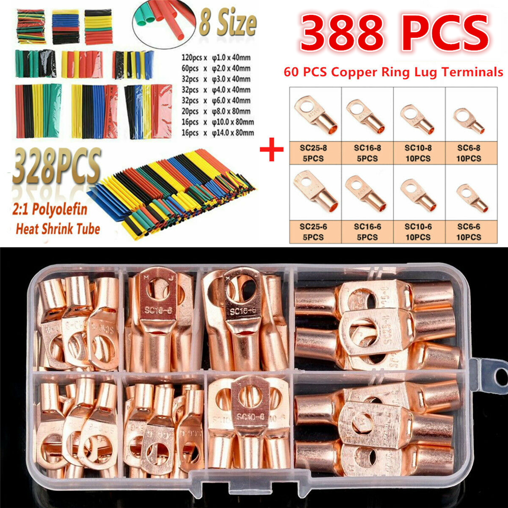 60X Copper Wire Ring Lug Terminal Connector + 328X Insulation Heat Shrink Tubing