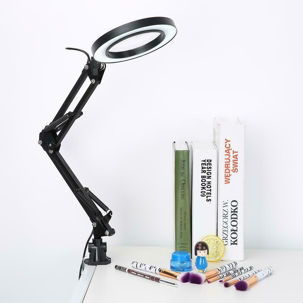 LED Light Large Lens Lighted Lamp Desk Magnifier Clamp Clip Magnifying Glass KIT