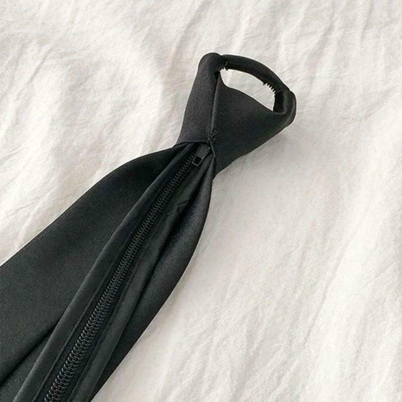 Unisex Solid Color Black Narror Pre-Tied Neck Tie with Adjustable Lazy Zipper
