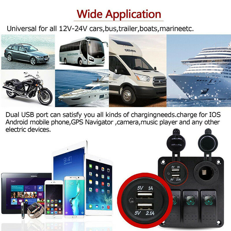 3 Gang LED Rocker Switch Panel Circuit Breaker Dual USB For RV Car Marine Boat
