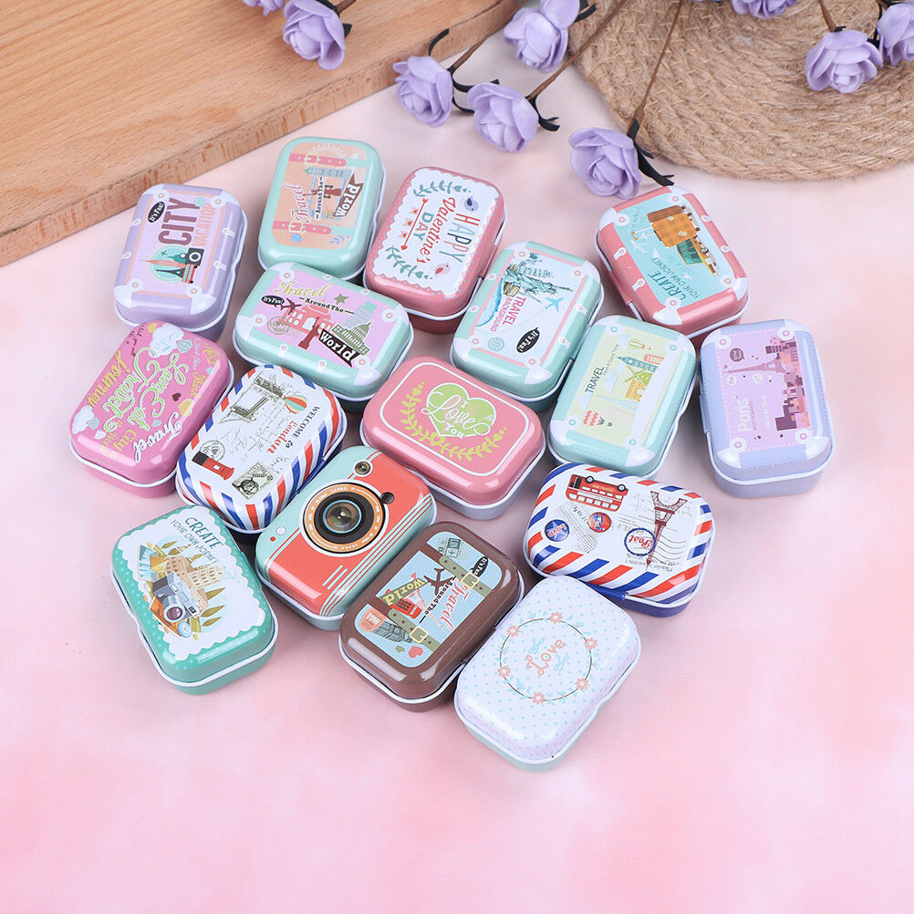 Mini tin trinket jewelry coin box tinplate storage case small rectangular-ran DD