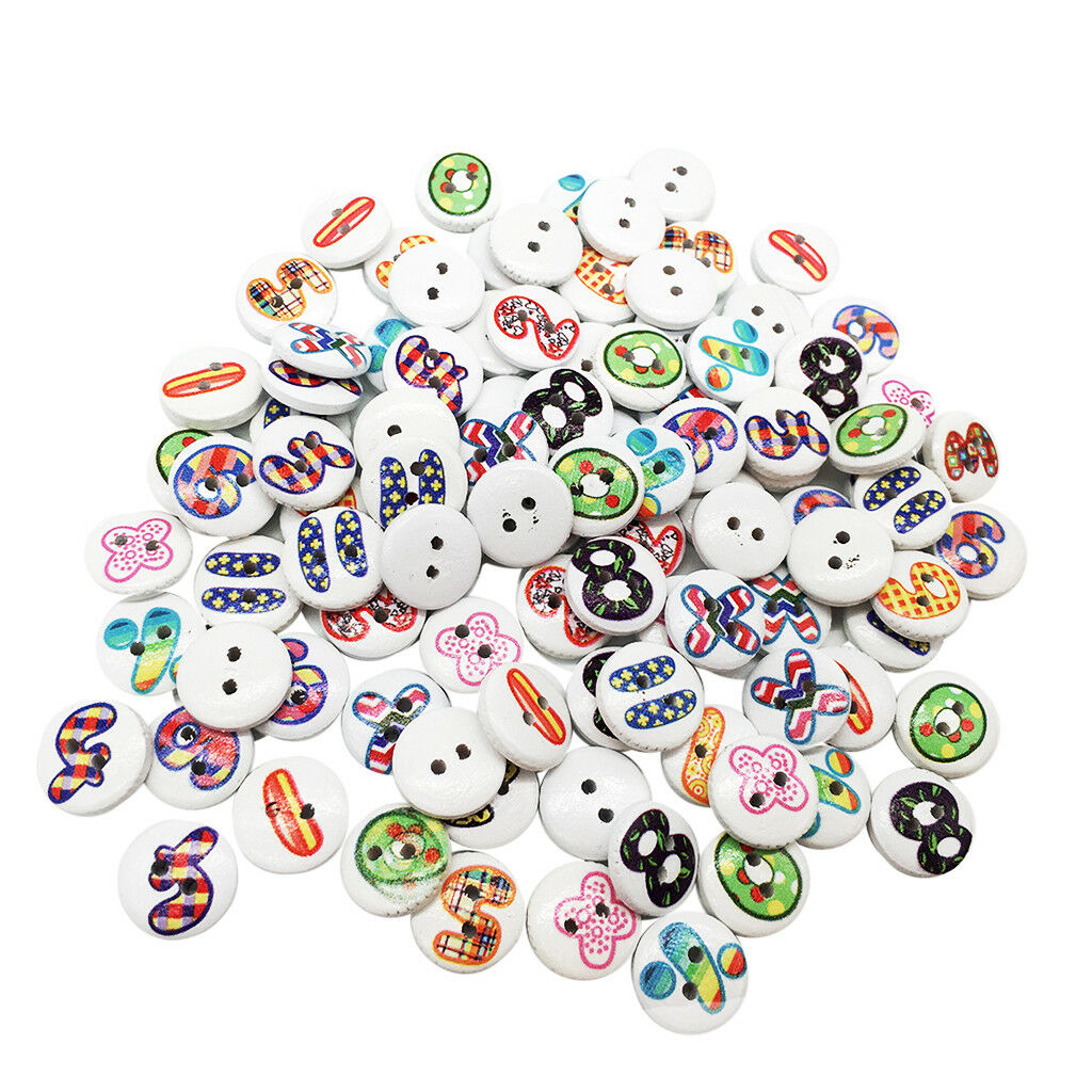 100Pcs Printed Wood Buttons Number Crafts Buttons for DIY Sewing Scrapbook