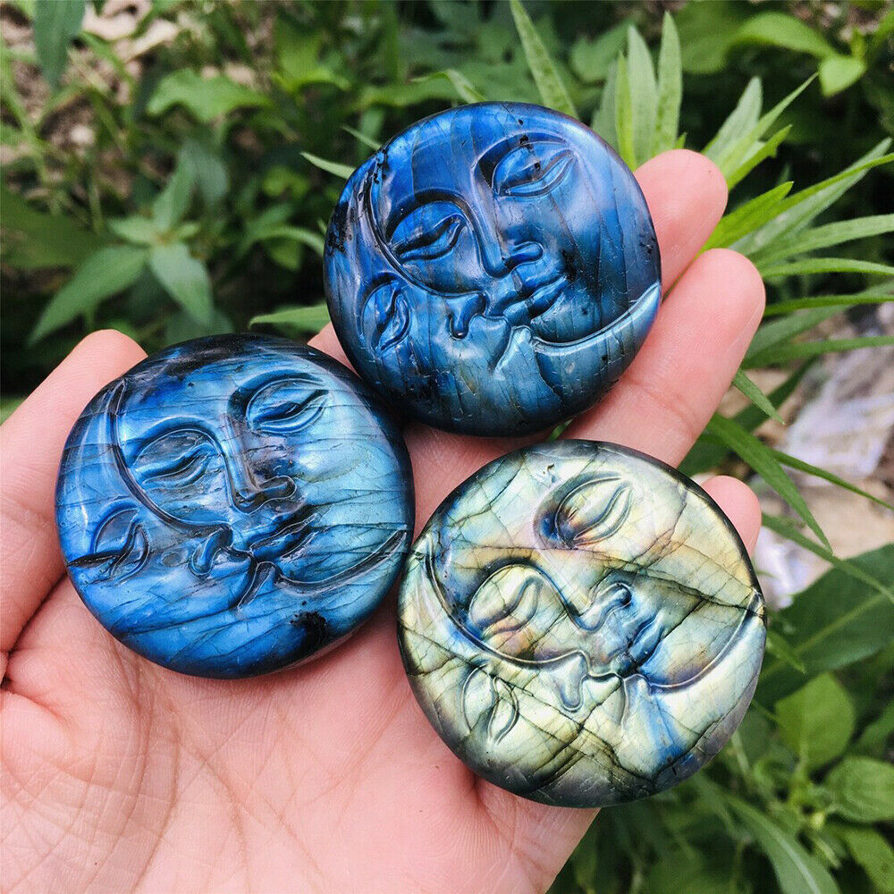 Natural Moon Sun Kiss Face Labradorite Crystal Carved Rainbow Healing Decoration