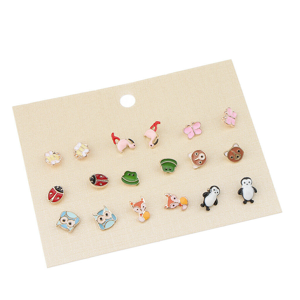 9 Pairs Lovely Mixed Color Lowrie Ladybug Flamingo Owl Frog Stud Earrings Sets