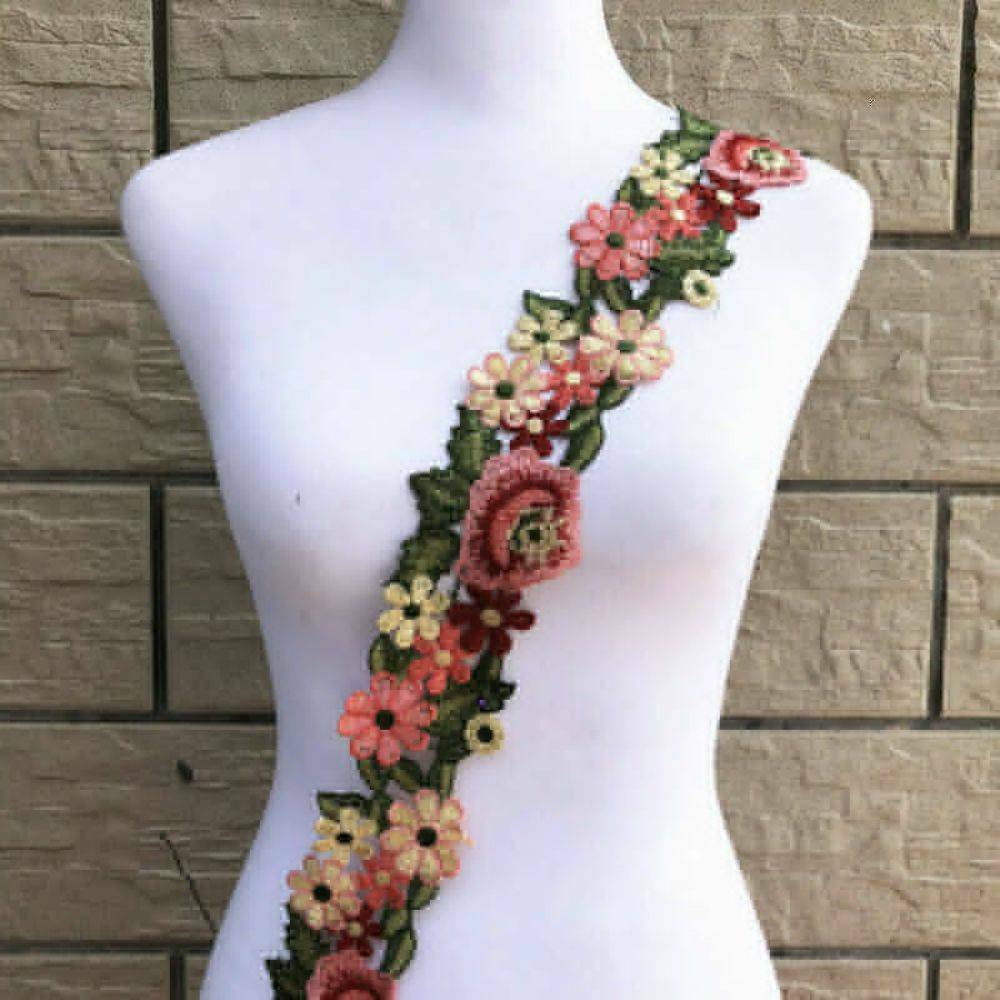 1-Yard Flower Applique Badge Embroidered Sew on Floral Collar Patch Dress Craft