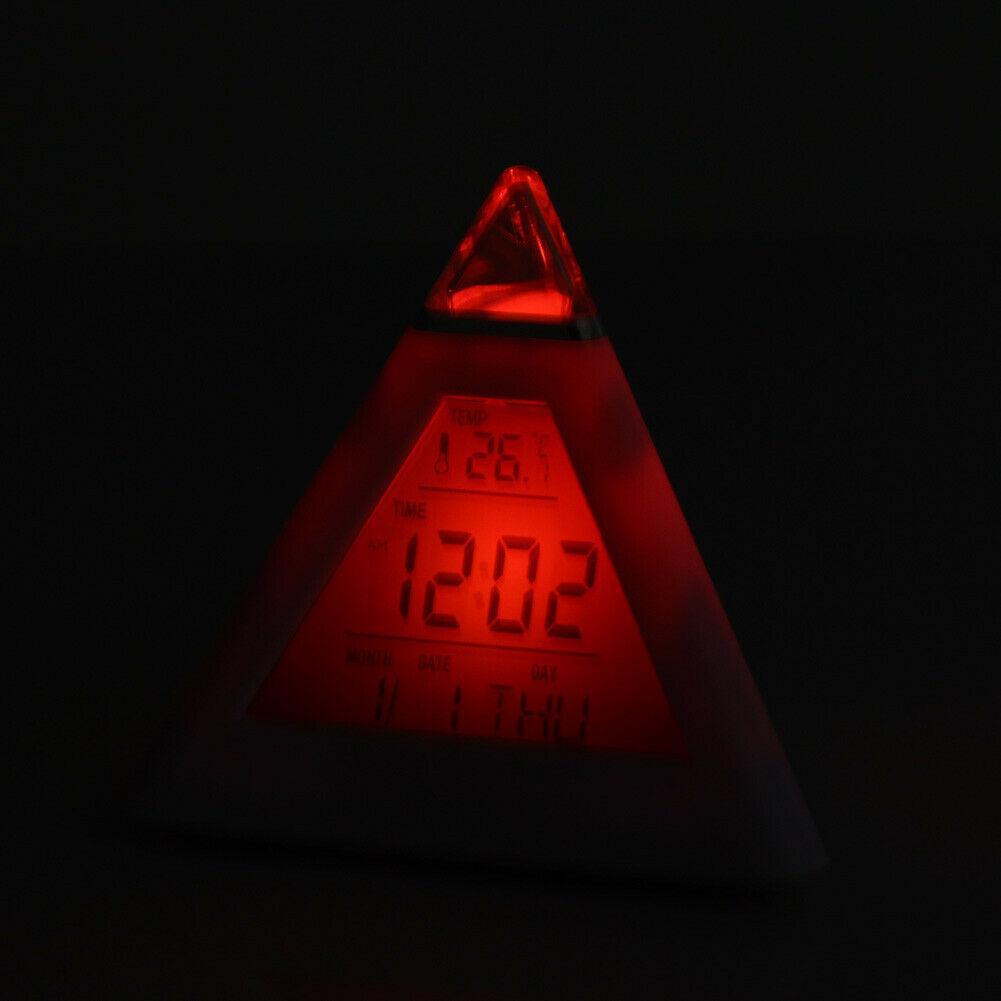New 7 LED Color Pyramid Digital LCD Alarm Clock Thermometer @