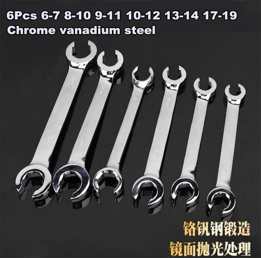 6Pcs 6-Point Car Flared Nut Spanner Wrench Set 6mm-19mm Universal Metric Size