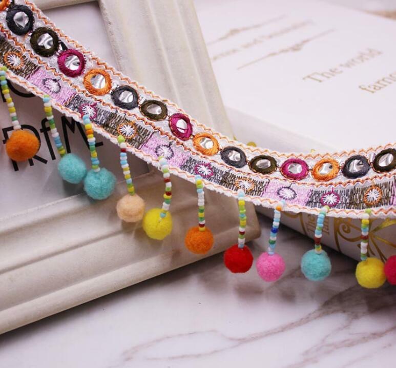 1 Yards Mirror Jacquard Embroidered Lace Beaded hair ball DIY Skirt Decor
