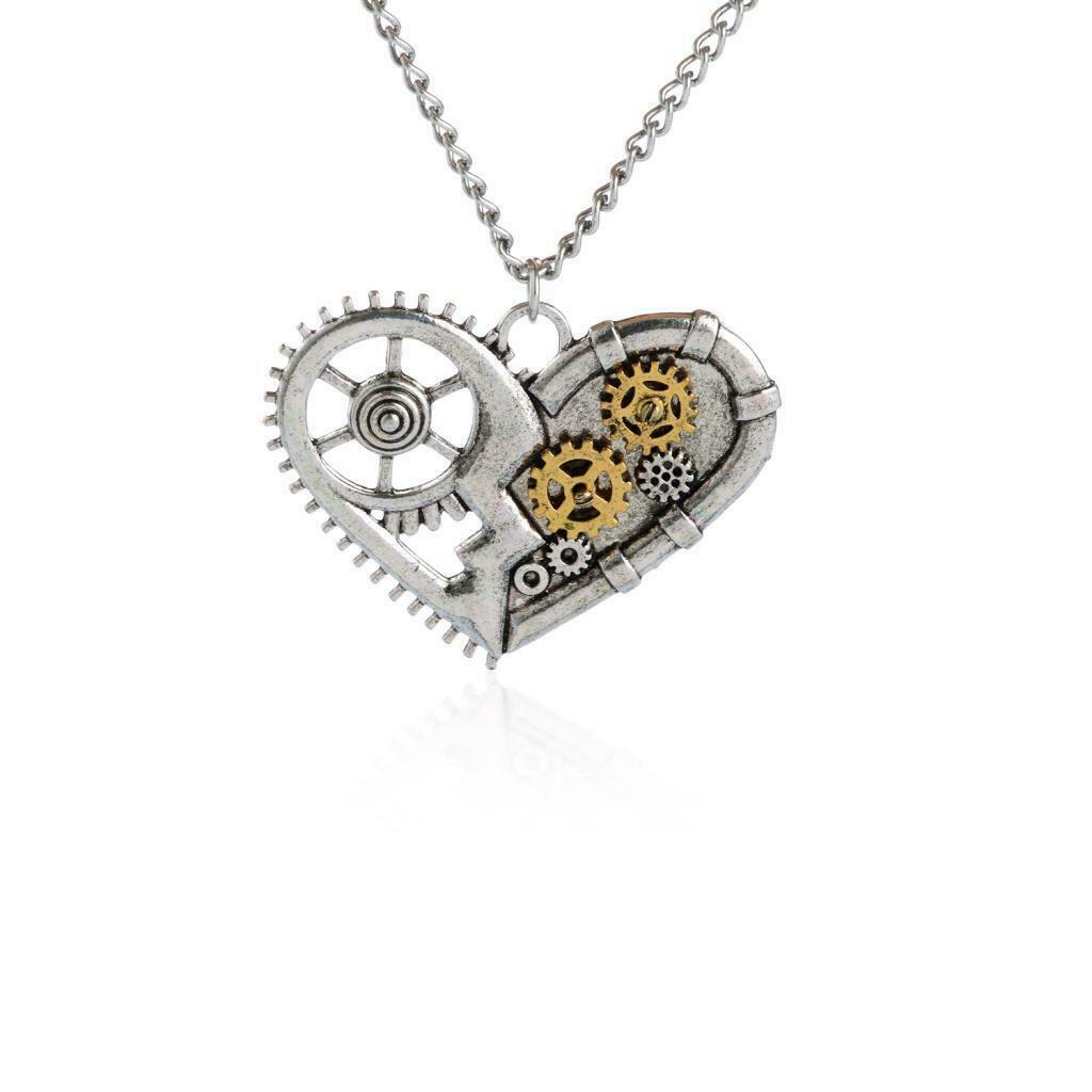Broken Heart Pendants Chain Necklace Retro Gear Steampunk Woman