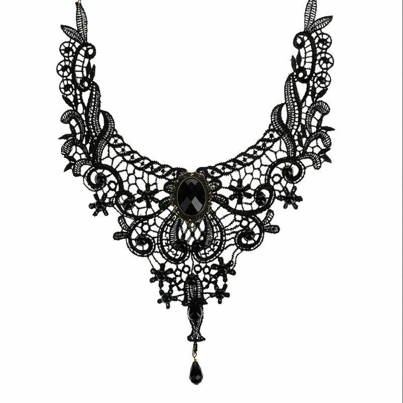 Black Lace&Bead Choker Victorian Steampunk Style Gothic Collar Necklace Gift XC