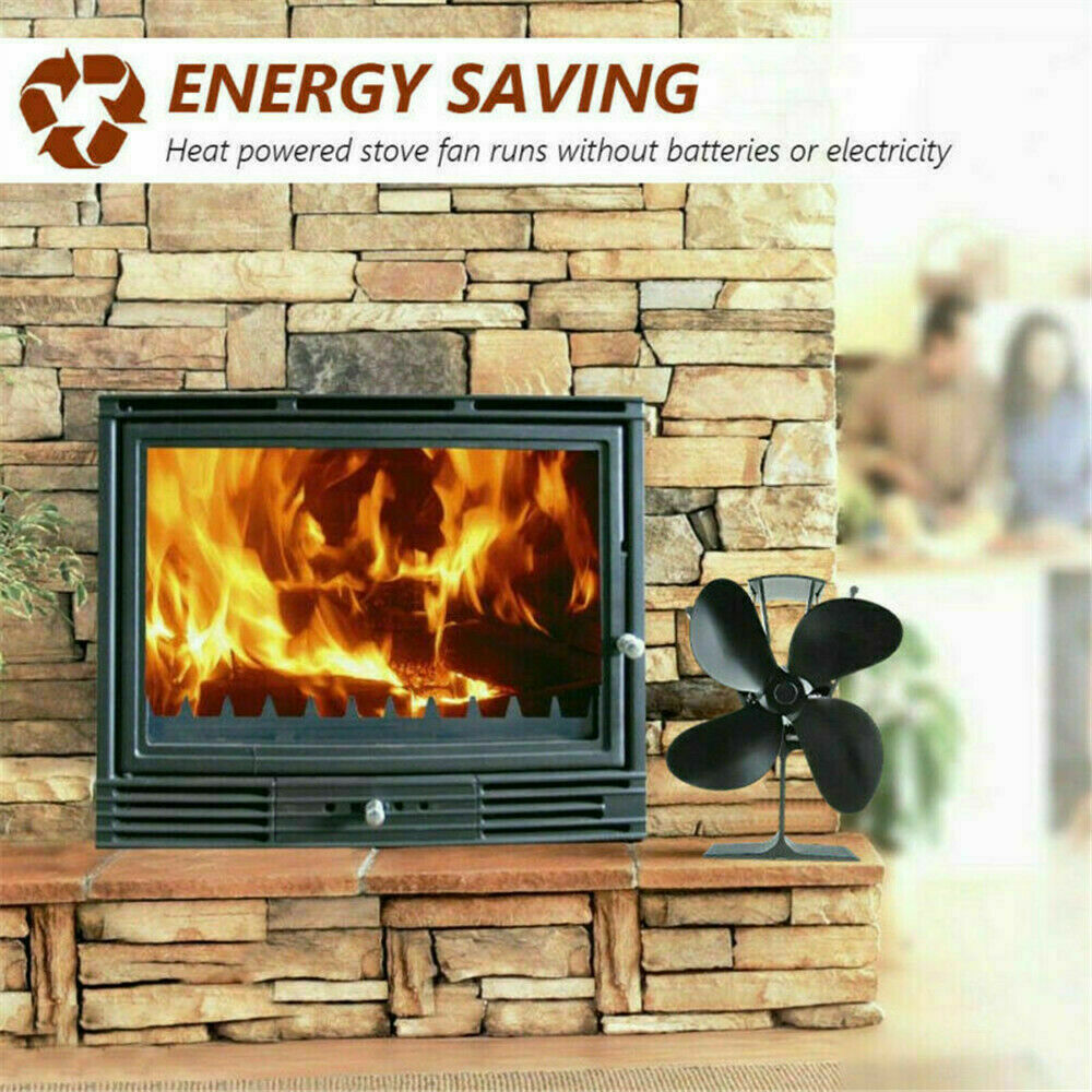 4 Blades Wood Stove Fan Heat Powered Eco Fireplace Fan Log Burner Fuel Saving_US