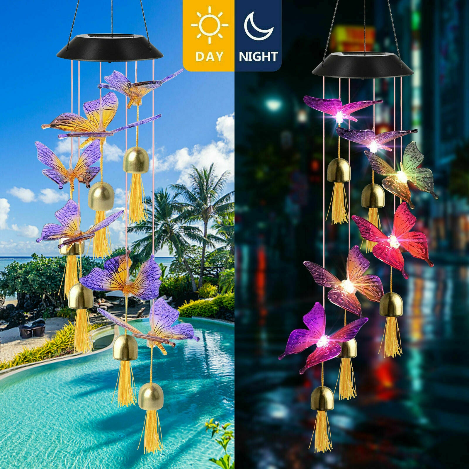 Solar Power LED Butterfly Wind Chime Lamp Color Changing Home Yard Garden Decor