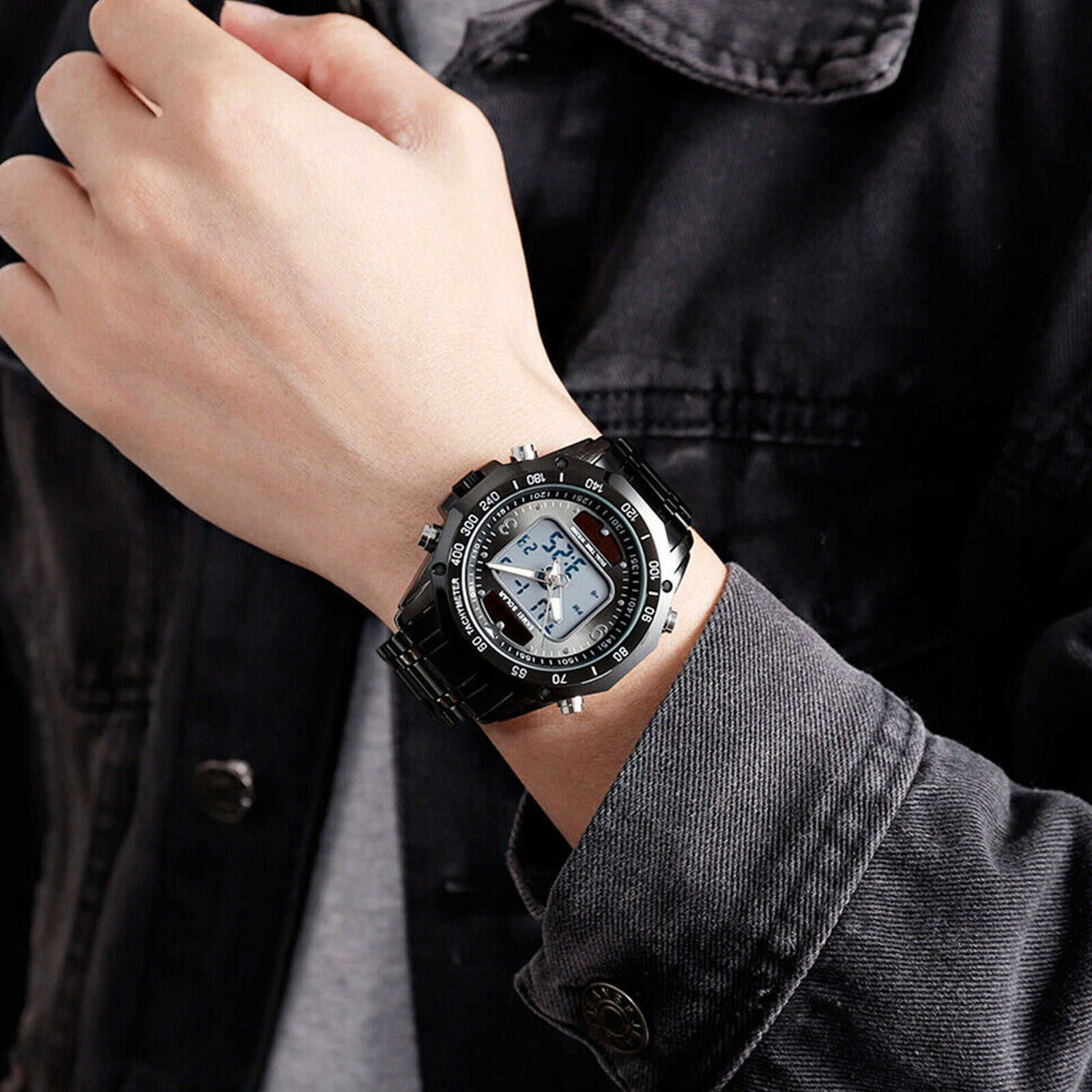 Solar Men's Power Sports Analog Digital Dual Luminous Waterproof Wrist Watch