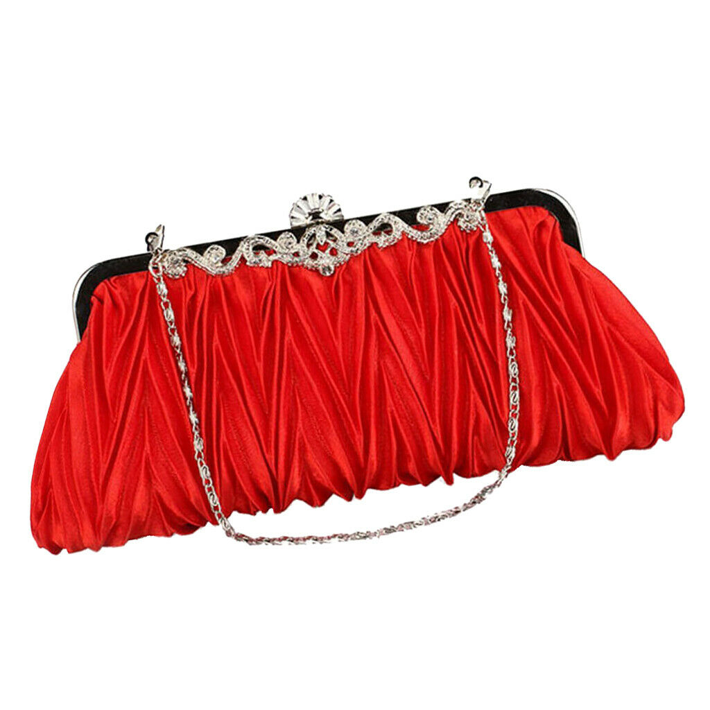 Satin Evening Handbag Shoulder Chain Bag Crystal Wedding Clutch Red