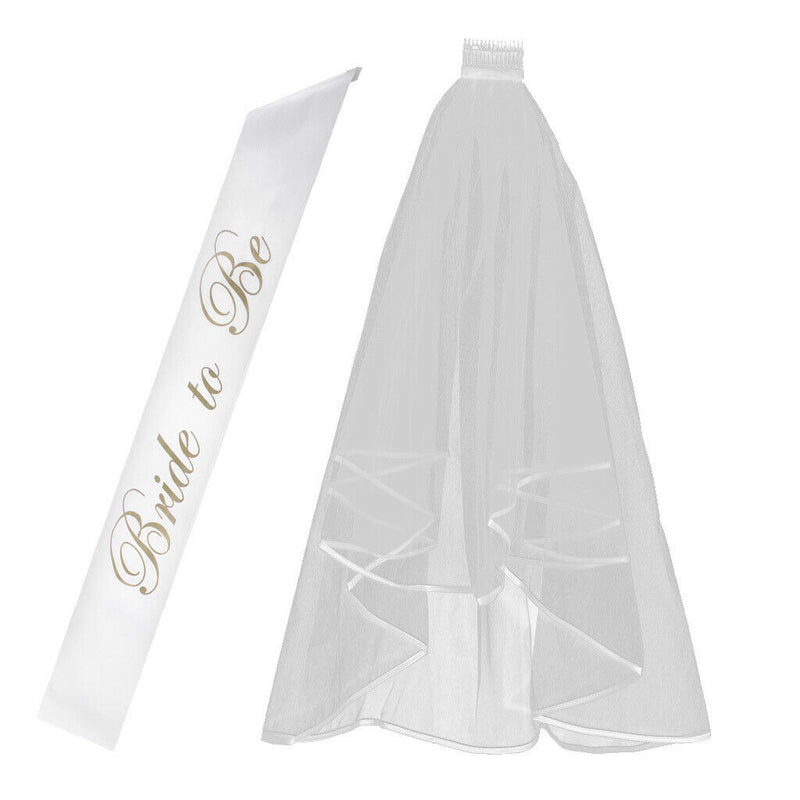 Tiara and White Edge Center  Bridal Wedding Veil with Comb and Satin Sash