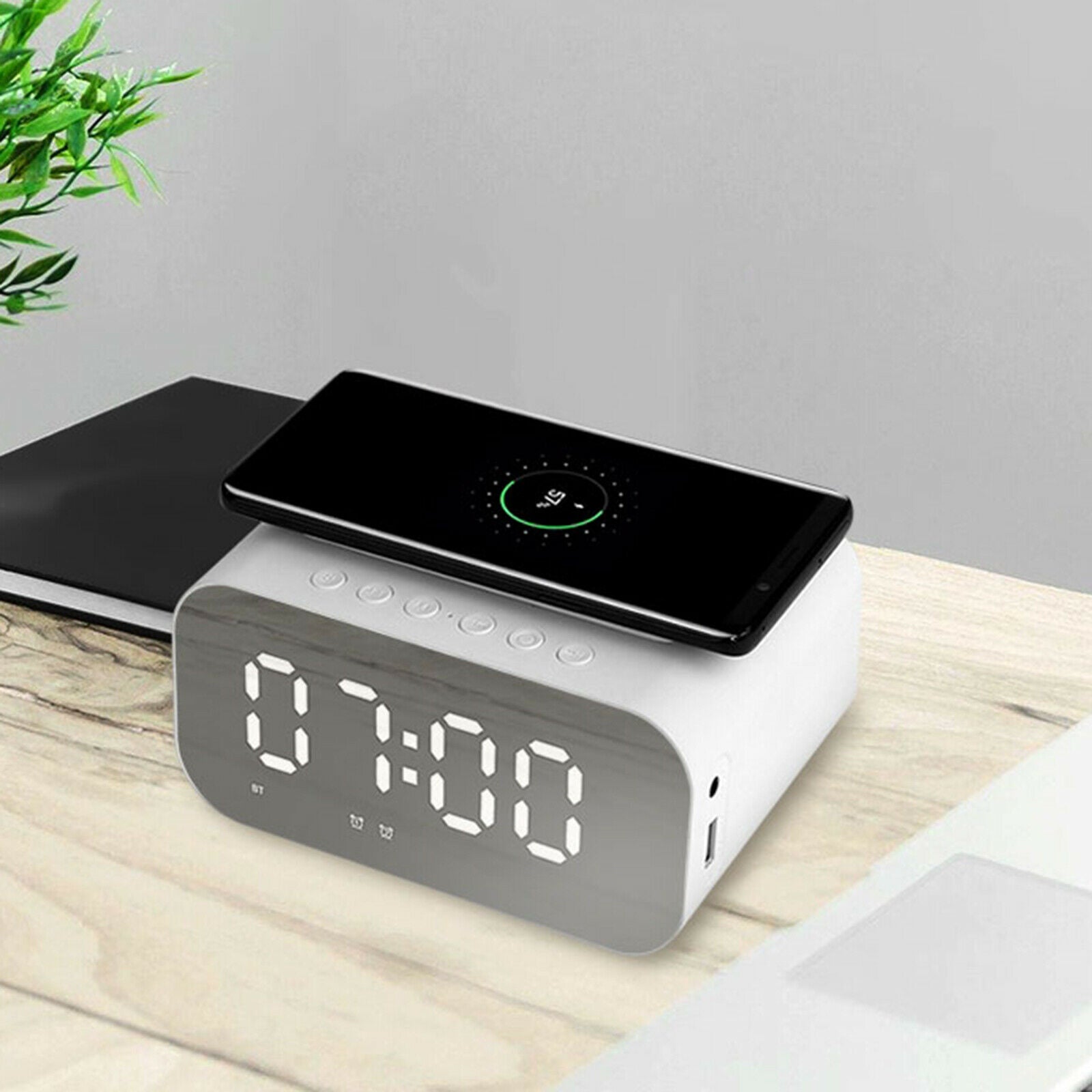 Wireless Charger FM Radio Bluetooth Speaker ABS Shell HD Mirror for Bedside