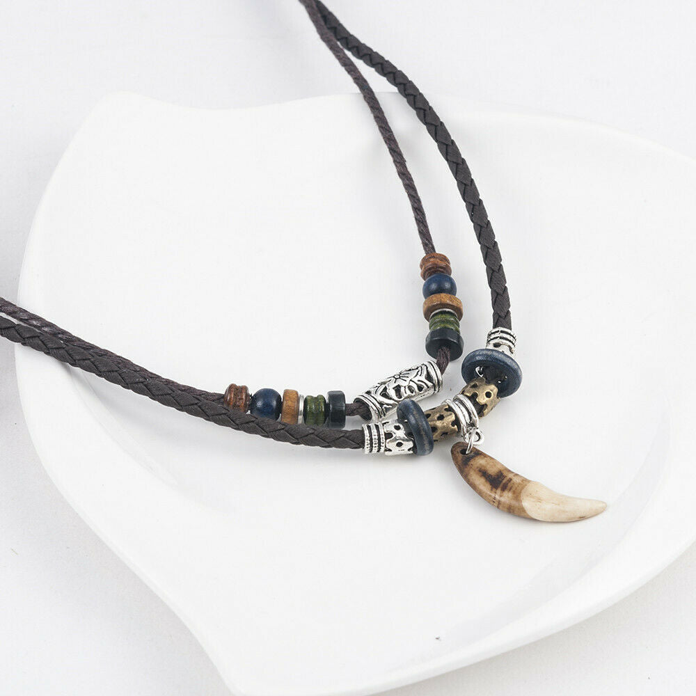 1PC Men's Bohemia Wolf Tooth Pendant Leather Beaded Weaved Necklace Jewelry Punk
