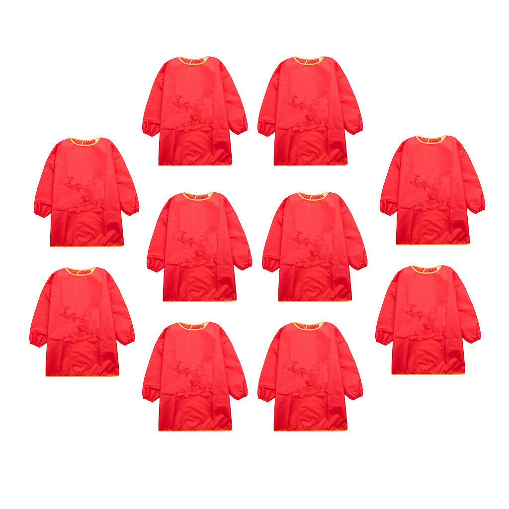 10 Pieces Long Sleeve Red Kids Aprons Bibs Drawing Smocks for 90-100cm