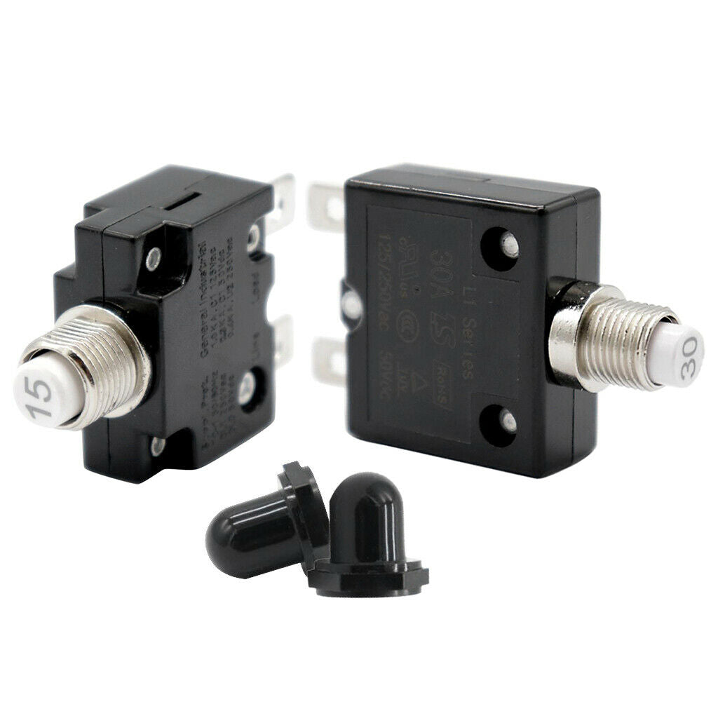 2x 15A/30A Push Button Reset Circuit Breaker, DC 50V AC 125/250V Thermal
