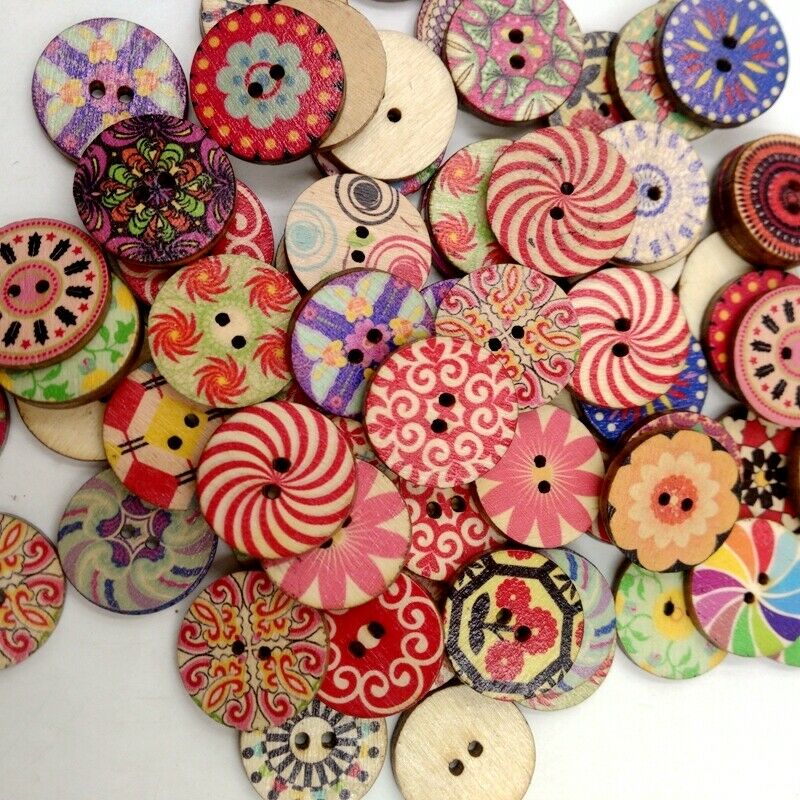 Prettyia 100x 20mm Wooden Buttons Mixed Designs Craft Scrapbook Sew Cards