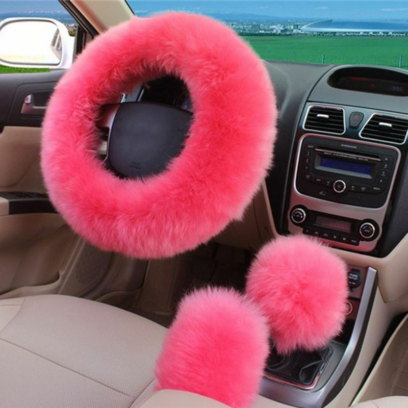 1Set Pink Furry Car Steering Wheel Cover + Shifter Cover + Parking Brake Cover