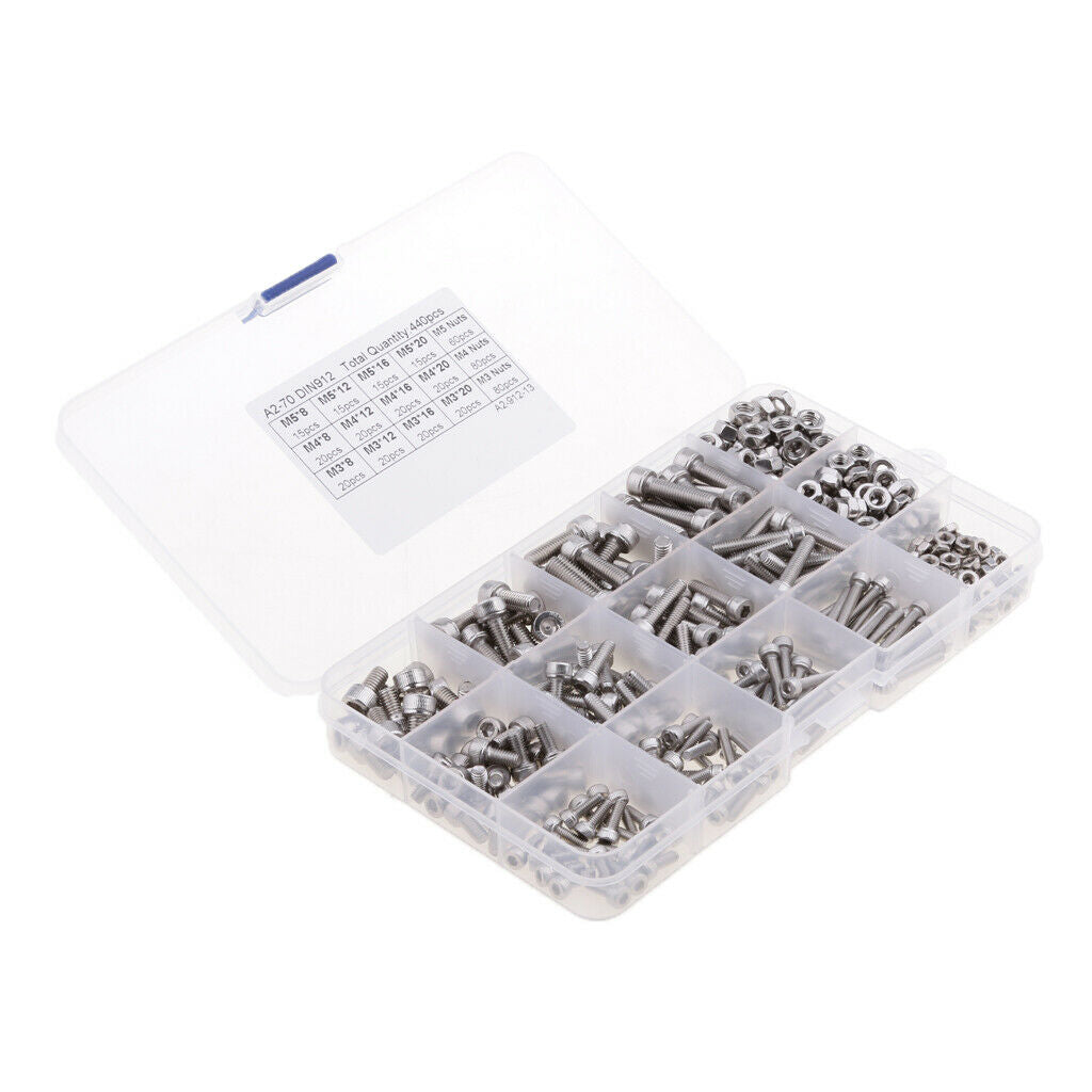 440pcs M3 M4 M5 Stainless Steel Hex Head Socket   Screws Nuts Assortment
