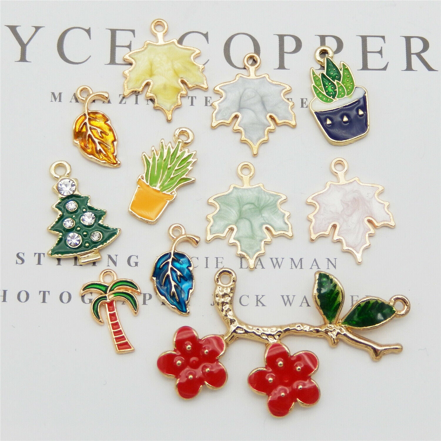 10pcs Assorted Mixed Enamel Alloy Plant Leaves Pendant Charms DIY Accessories