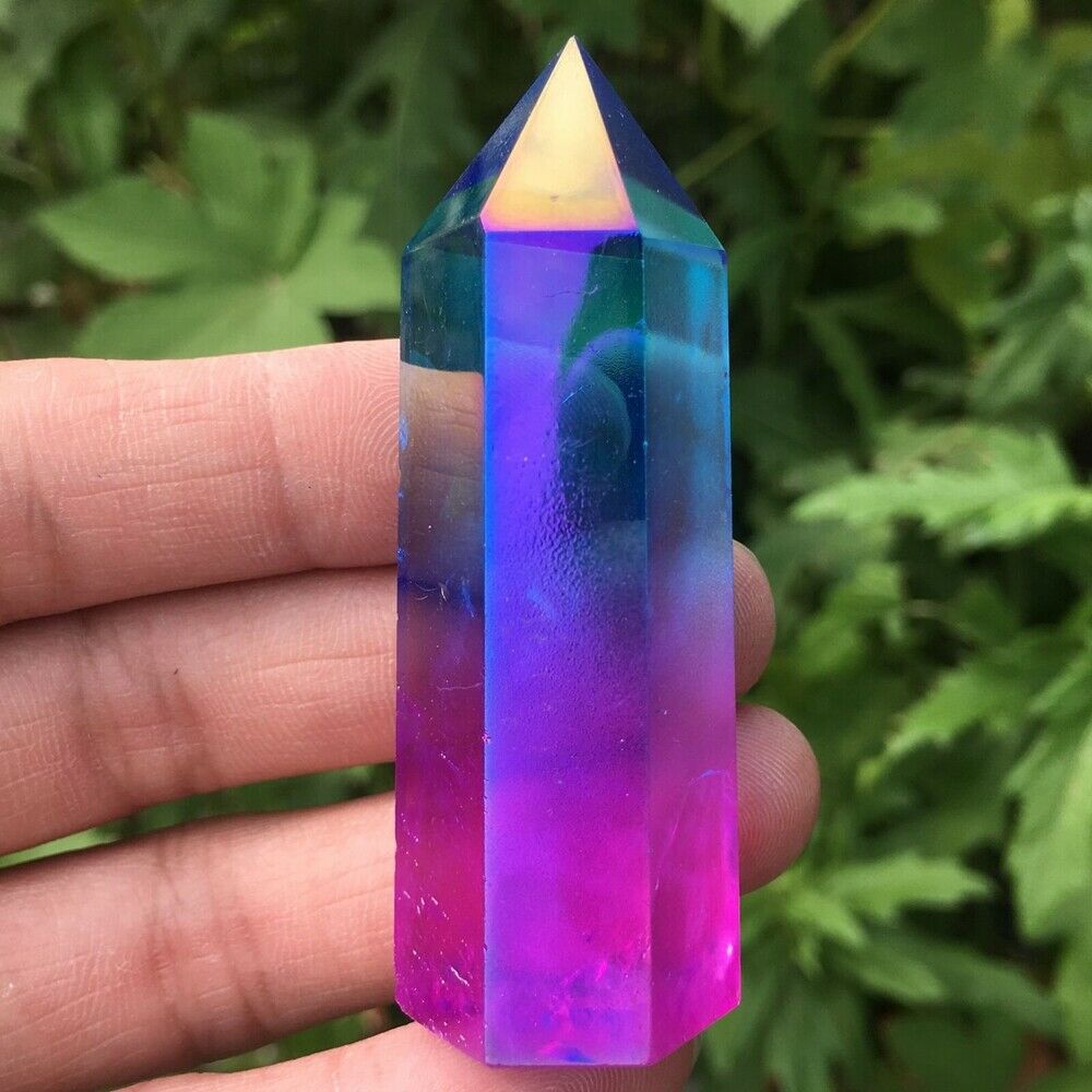 TOPï¼Natural Titanium Rainbow Quartz Obelisk Wand Crystal Tower Point Healing USA