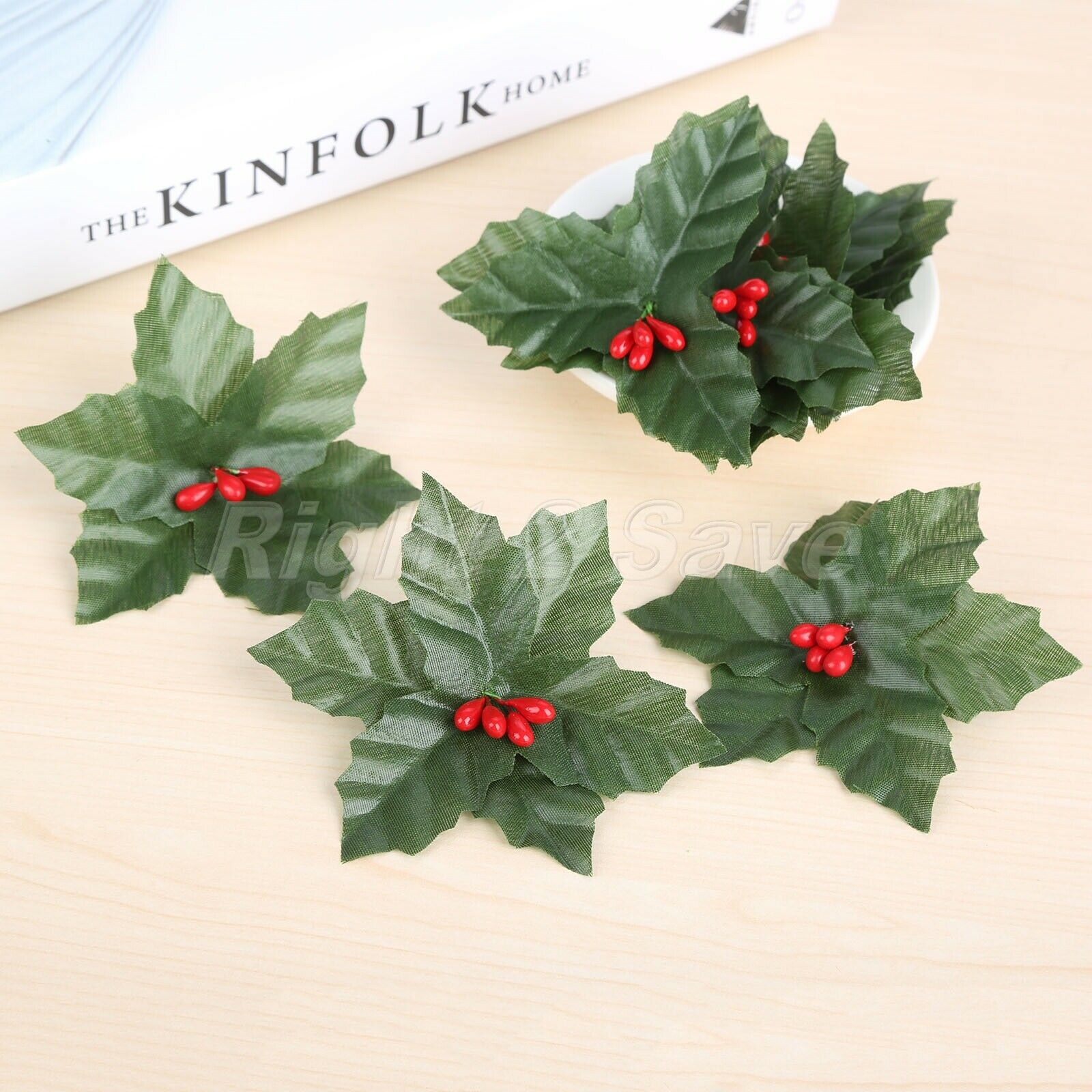 10Pcs Artificial Leaf Mini Holly Berries Decoration Christmas Flower Silk Leaves