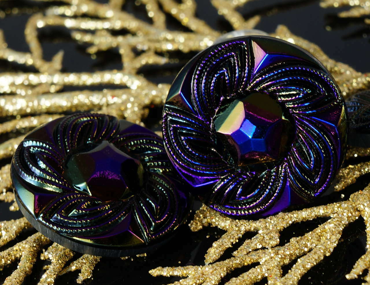 1pc Handmade Czech Glass Button Large Carved Flower Iris Purple Size 12 27mm