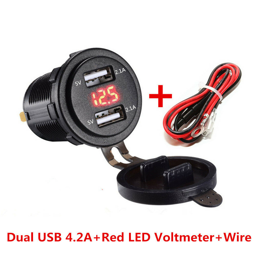 12-24V Car Motorcycle 4.2A Dual USB Charger Socket with Red LED Voltmeter &Cable