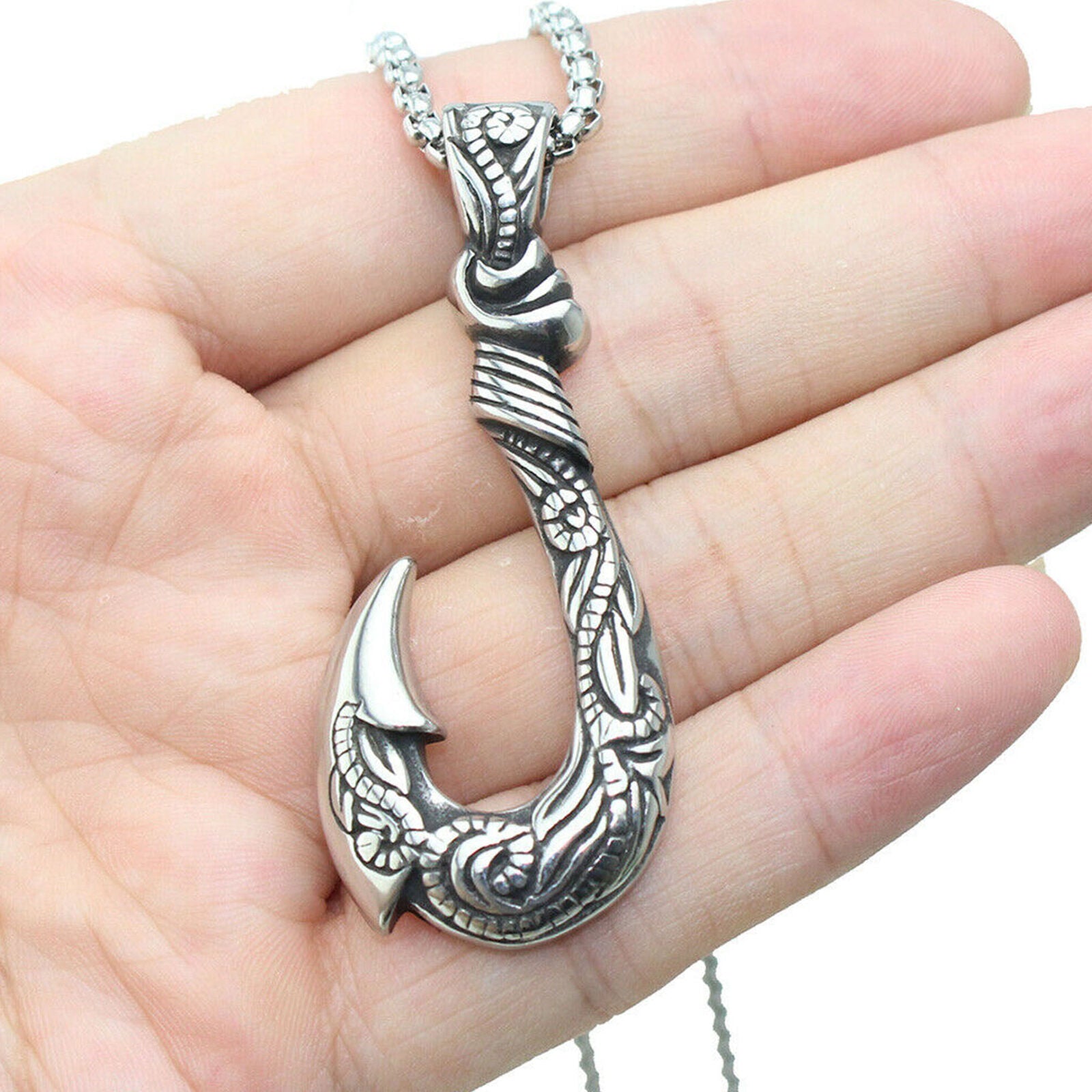 Mens Hawaiian Fishing Fish Hook Pendant Necklace Stainless Steel Jewelry