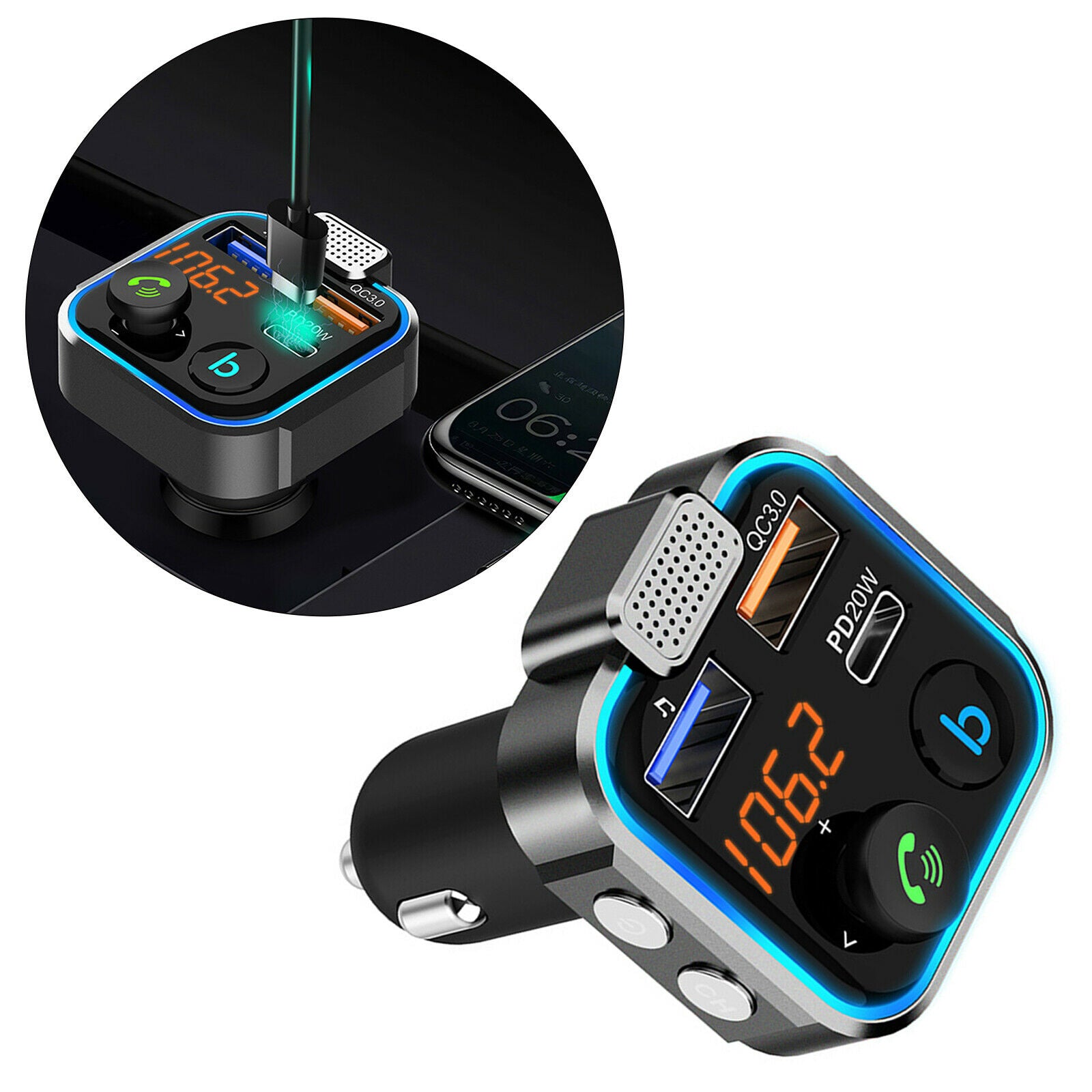 Bluetooth FM Transmitter Car Adapter Support 42W PD+QC3.0 Wireless Call
