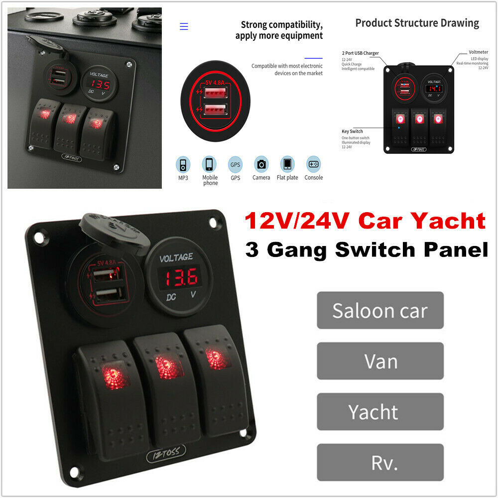 3 Gang Switch Panel 12V/24V Car Boat Yacht Red LED Rocker Breaker Control QC3.0