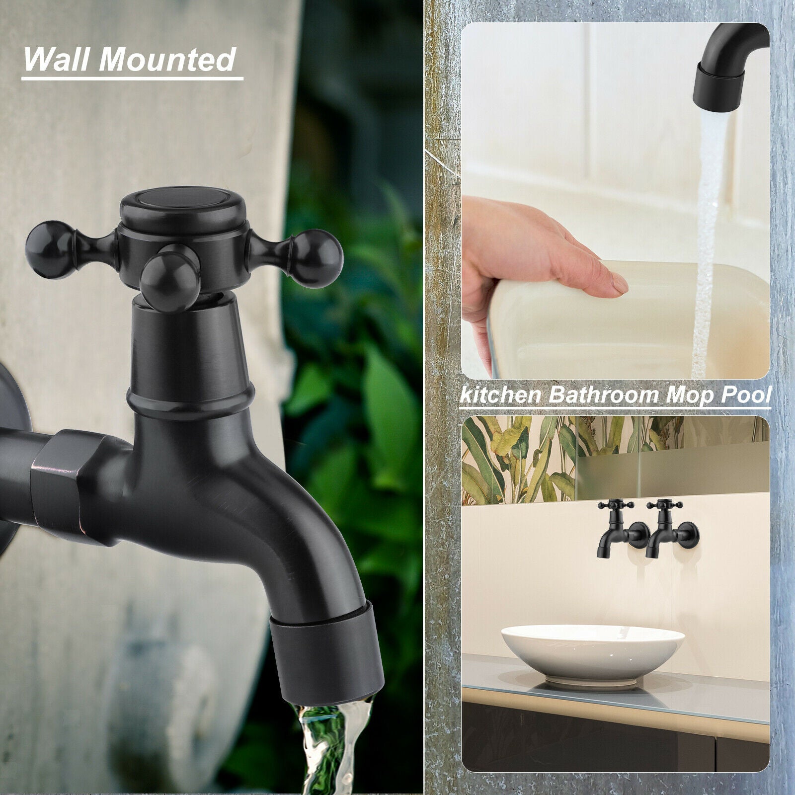 Wall Mounted Water Tap Garden Faucet Washing Machine Bibcock Tap Black B