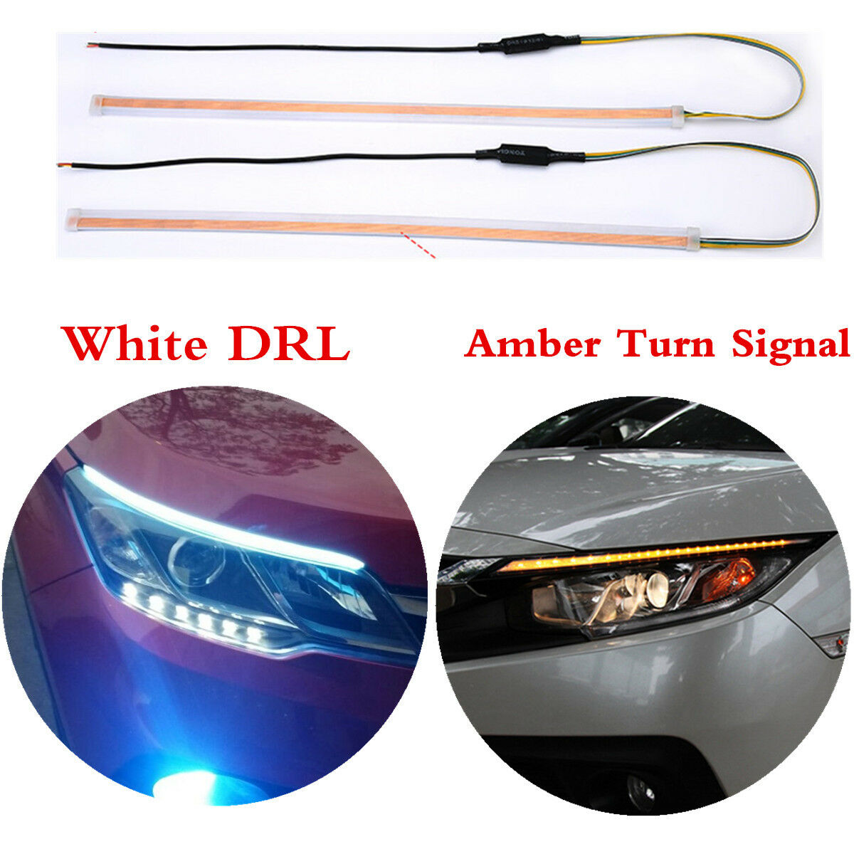 1 Pair Flexible Bendable 30cm White DRL +Amber Flowing Turn Indicator LED Strip