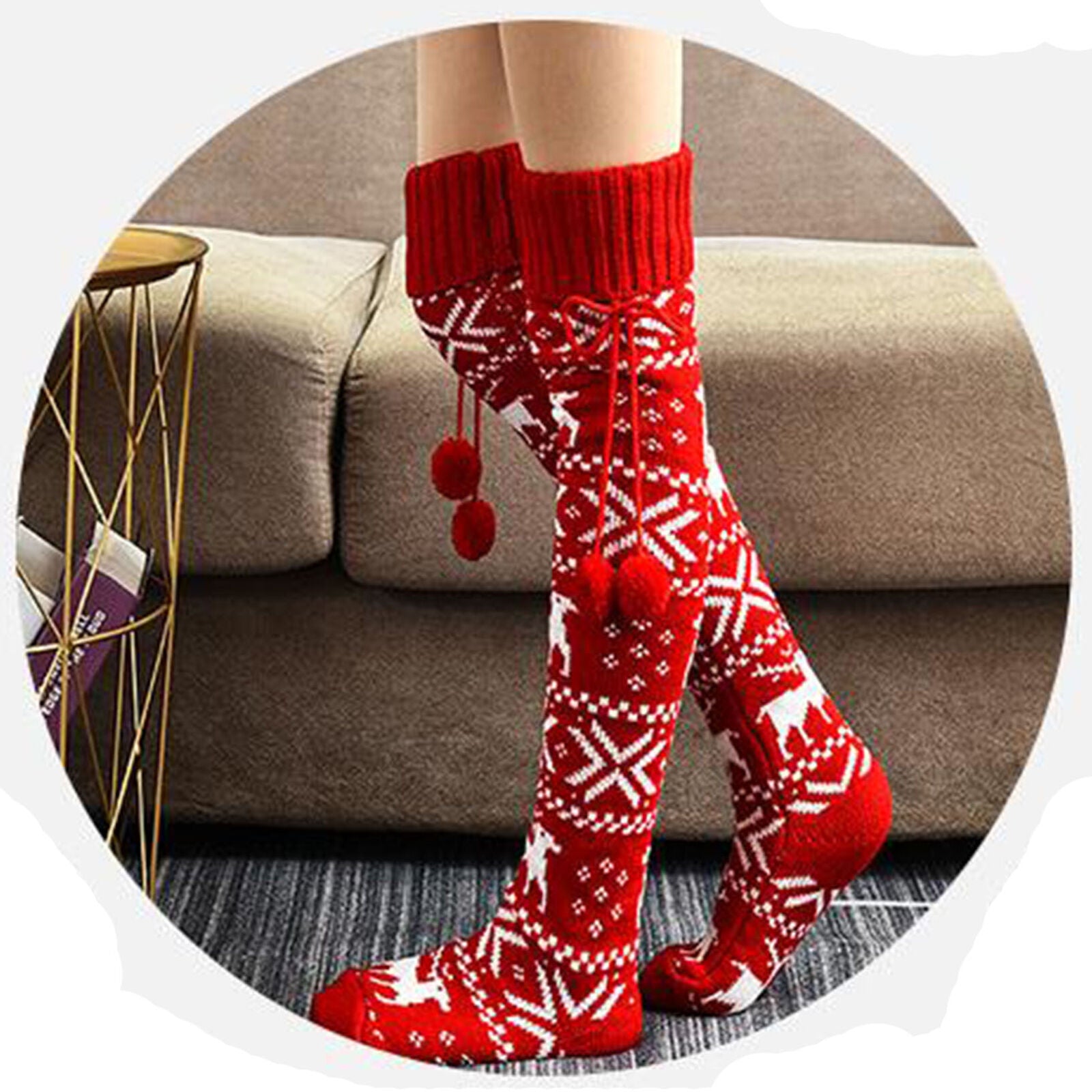 Women Knitted High Over Knee Socks Warm Winter Long Socks Christmas Stockings