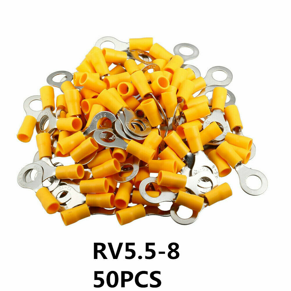 50 Pcs RV5.5-8 Yellow Pre Insulated Ring Terminals 5/16" Stud for AWG 12-10 Wire