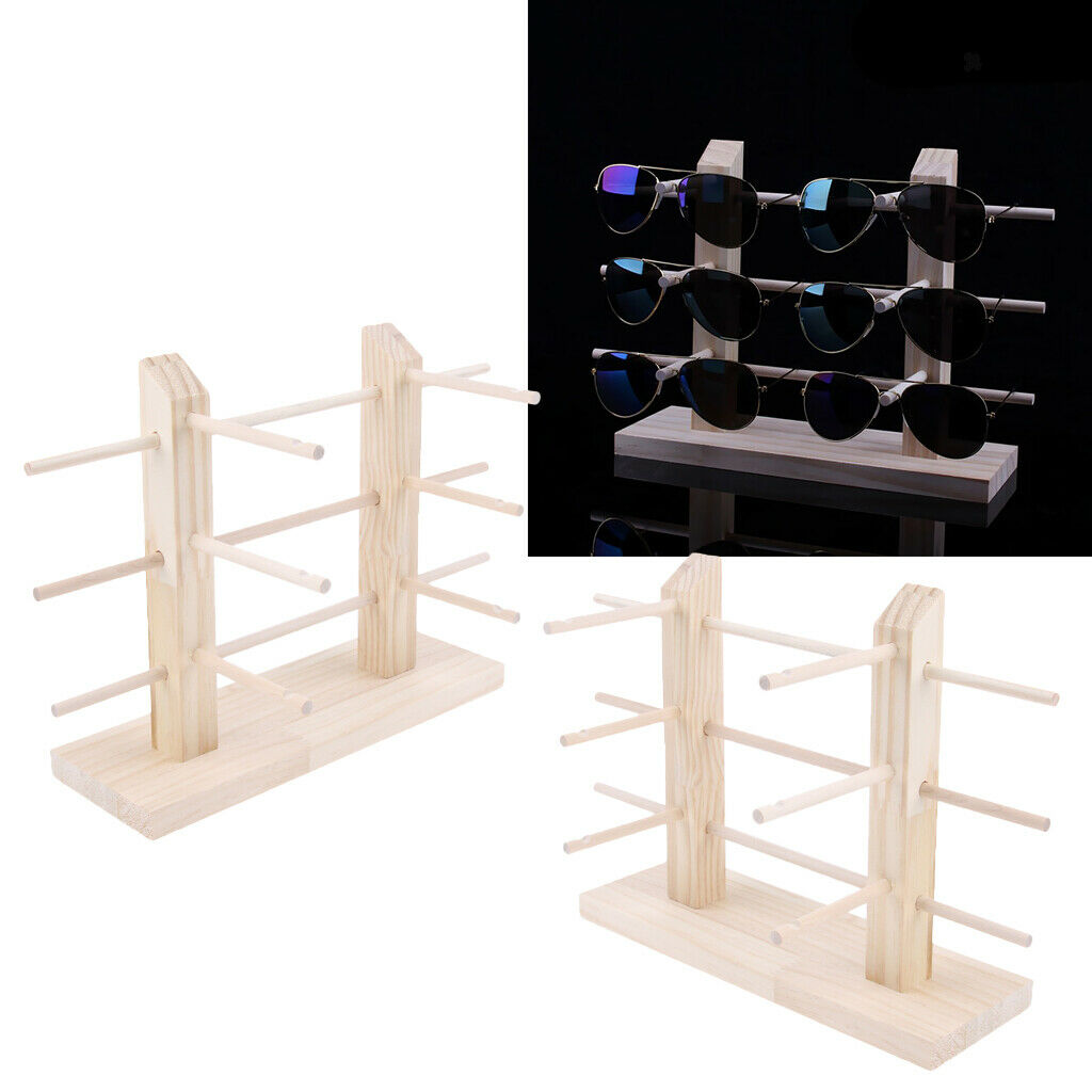 2 Pieces Wood Sunglasses Eyeglass Display Rack Double Lines 6 Pairs of Glasses