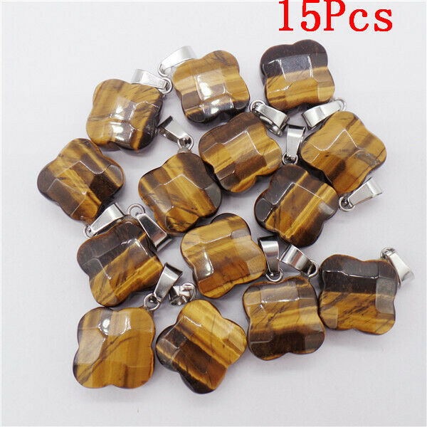 15Pcs 18x7mm Natural Brown Tiger Eye Gem Faceted Clovers Pendant Bead DIY HH9531