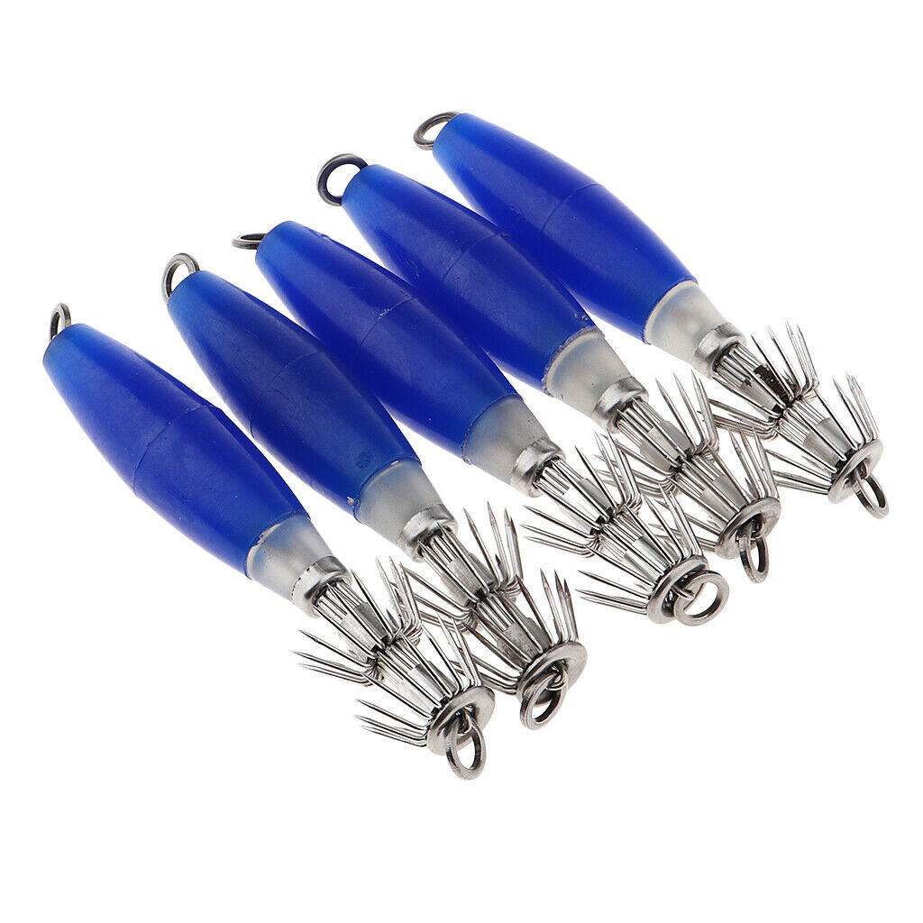 5pcs Luminous Blue Squid Jigs Glow in Dark Tackle Saltwater Fishing Lures