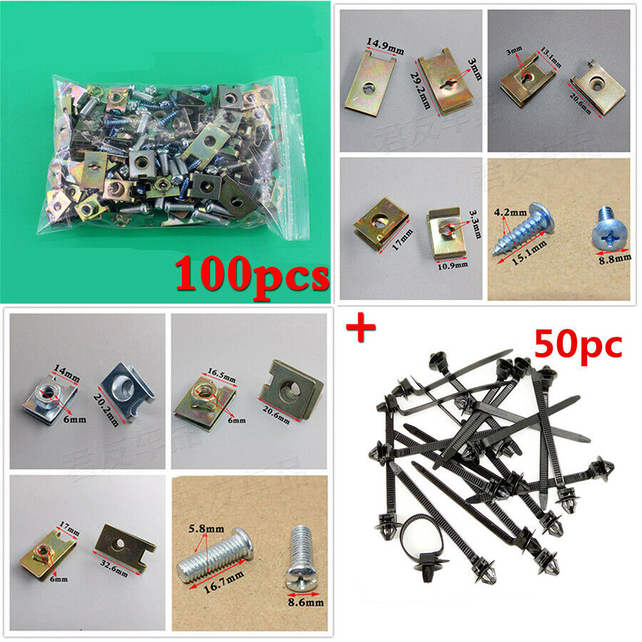 100x U Type Screw Fastener Clips + 50x Tie Wrap For Car Body Panel Fender Fixed