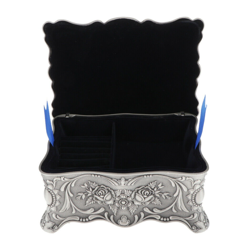 Tin Small Rectangle Jewelry Box Floral Engraved Treasure Storage Ring Case